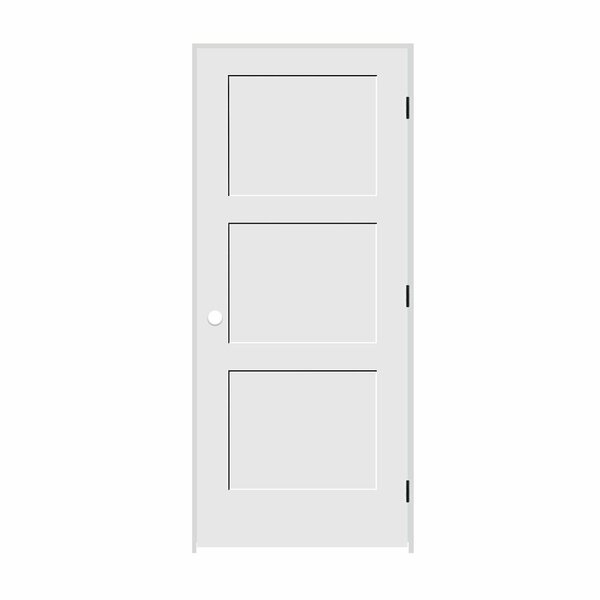 Codel Doors 30" x 80" x 1-3/8" Primed 3-Panel Equal Panel Interior Shaker 4-9/16" LH Prehung Door w/Black Hinges 2668pri8433LH1D4916
